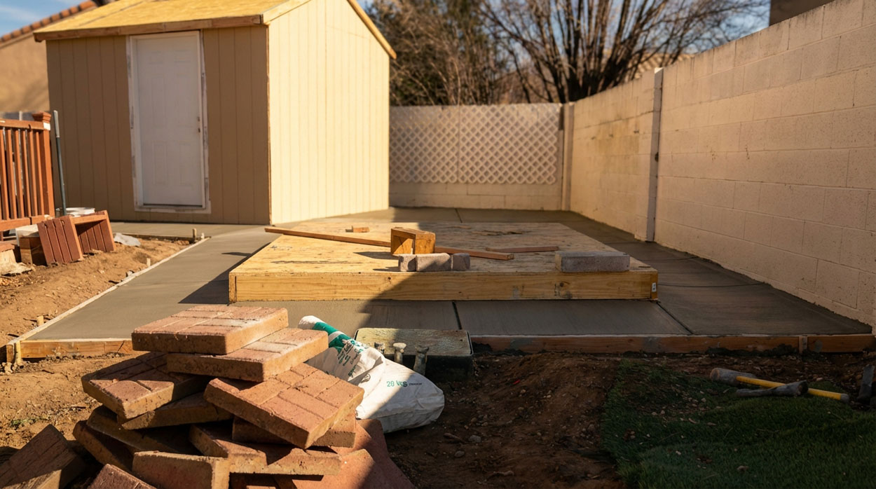 Backyard concrete patio slab installation