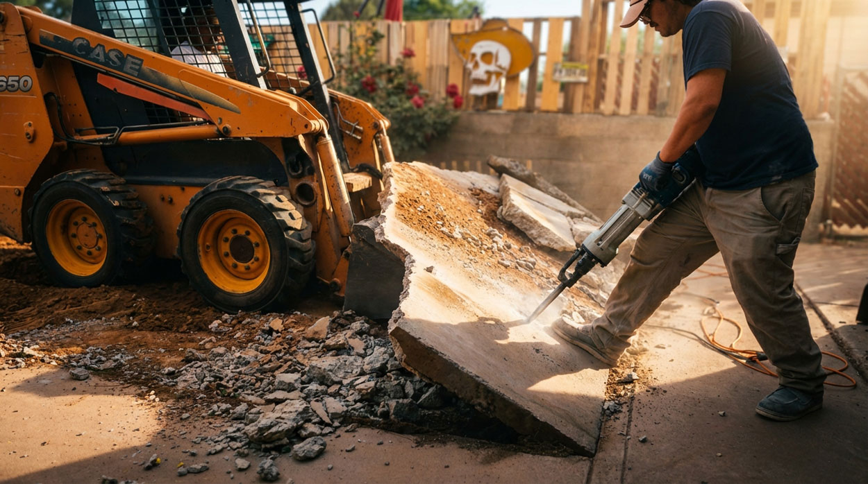 Breaking concrete slab with jackhammer for demolition